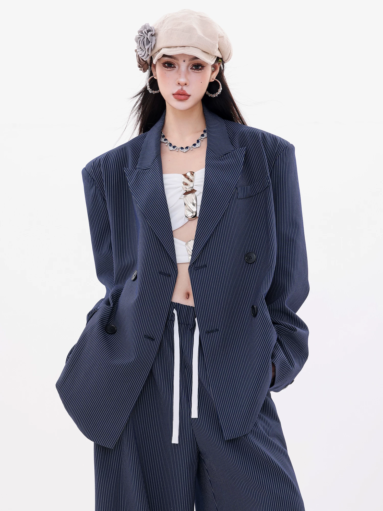 ABWLR Art Editor - Áo khoác blazer sọc nguyên bản dành cho nữ, phong cách mùa thu mới, áo vest đa năng dáng rộng, giản dị