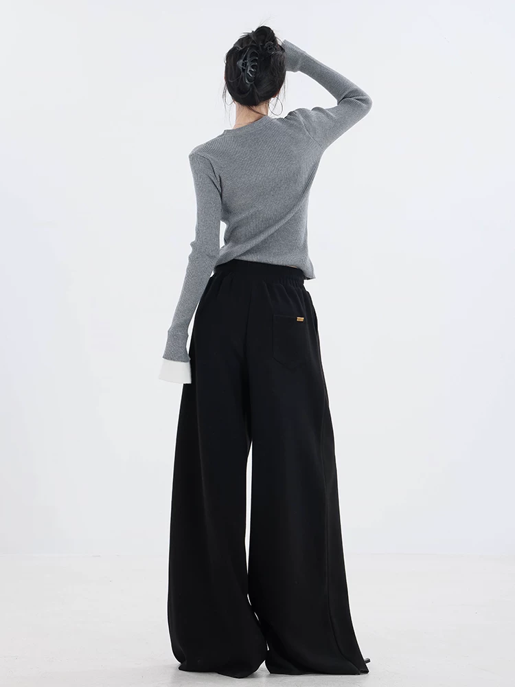 ABWEAR Comfort Guide - Quần ống rộng dày lót lông cừu mùa thu đông nguyên bản Quần thể thao nữ Quần ống rộng dáng rộng thường ngày