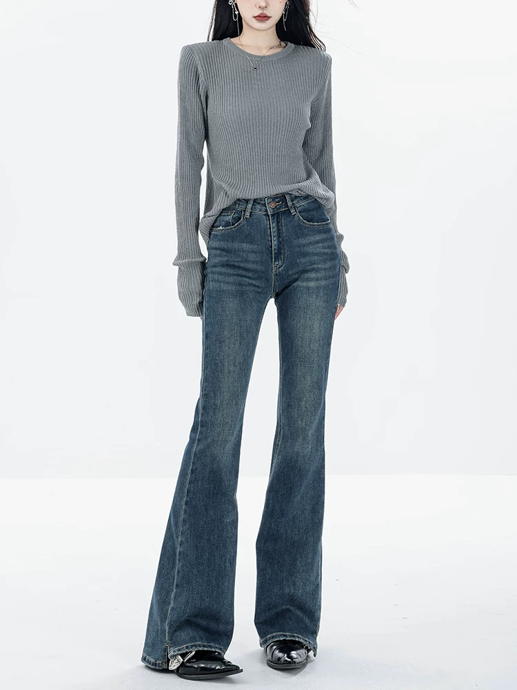 Quần Jeans ống loe cổ điển ABWEAR Thu Đông dành cho nữ, cạp cao, kiểu dáng ôm sát, lót lông, kiểu dáng mới 2025