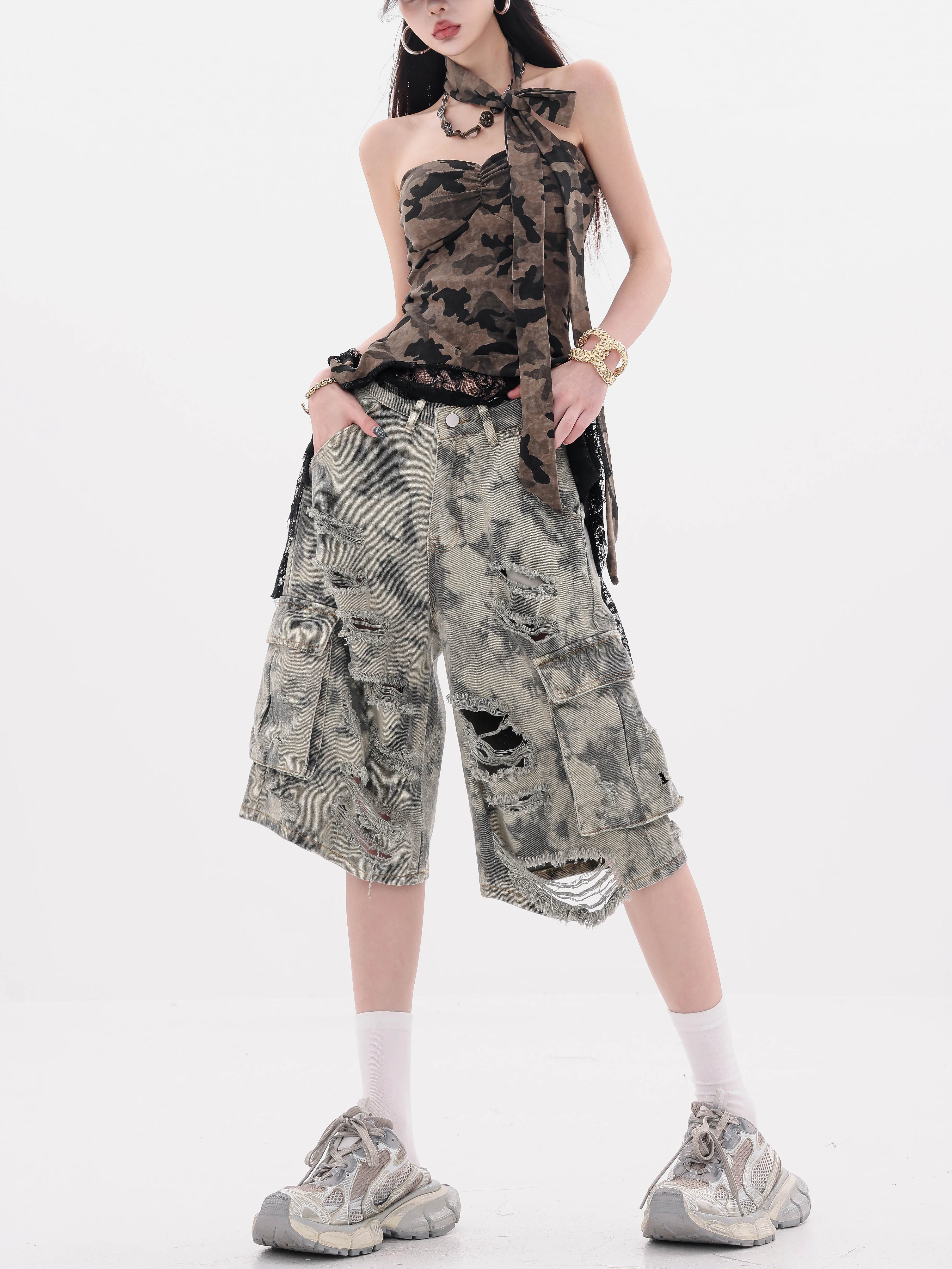ABWEAR Wild Return - Quần short denim ống rộng họa tiết ngụy trang nguyên bản dành cho nữ, quần short năm điểm dáng rộng vừa vặn