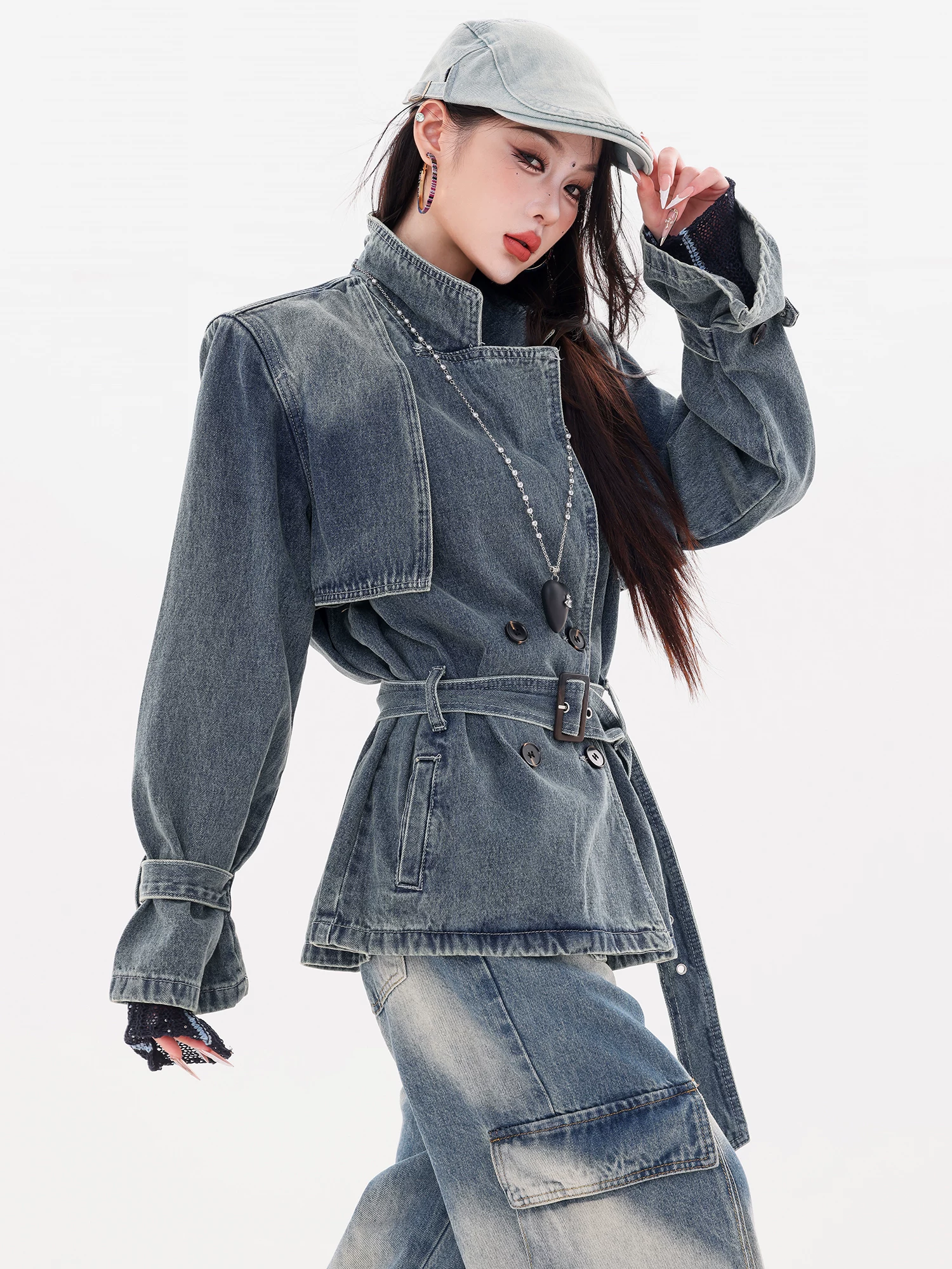 ABWLR Phong cách Anh quốc - Áo khoác denim cài khuy đôi kiểu Anh nguyên bản dành cho nữ, Áo gió thường ngày mùa thu đông mới
