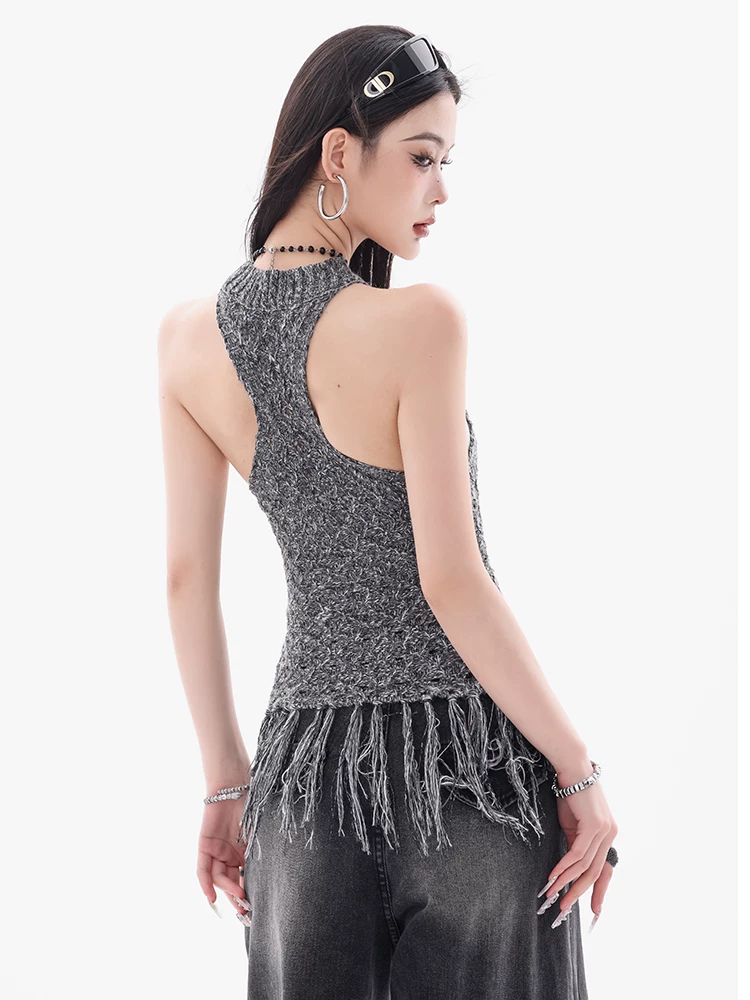 ABWEAR Đầy màu sắc và hoang dã - Áo len dệt kim thiết kế dây rút nguyên bản Áo ba lỗ không tay dành cho nữ