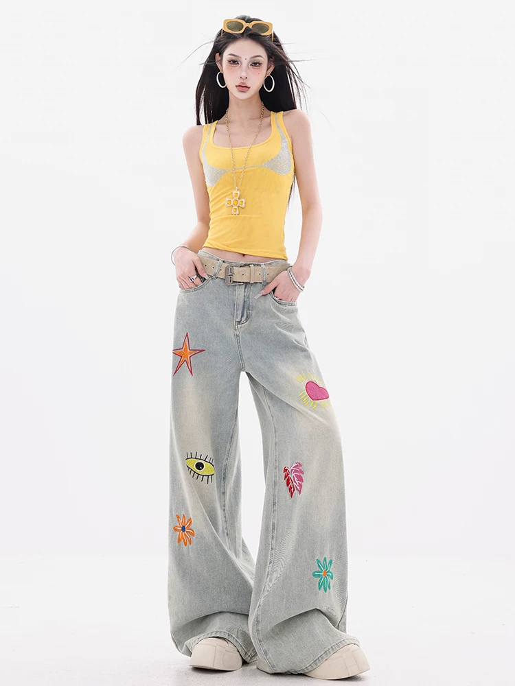 Quần jean thêu hoa văn màu xanh nhạt nguyên bản của ABWEAR dành cho nữ, thiết kế kiểu Mỹ, quần ống rộng thẳng