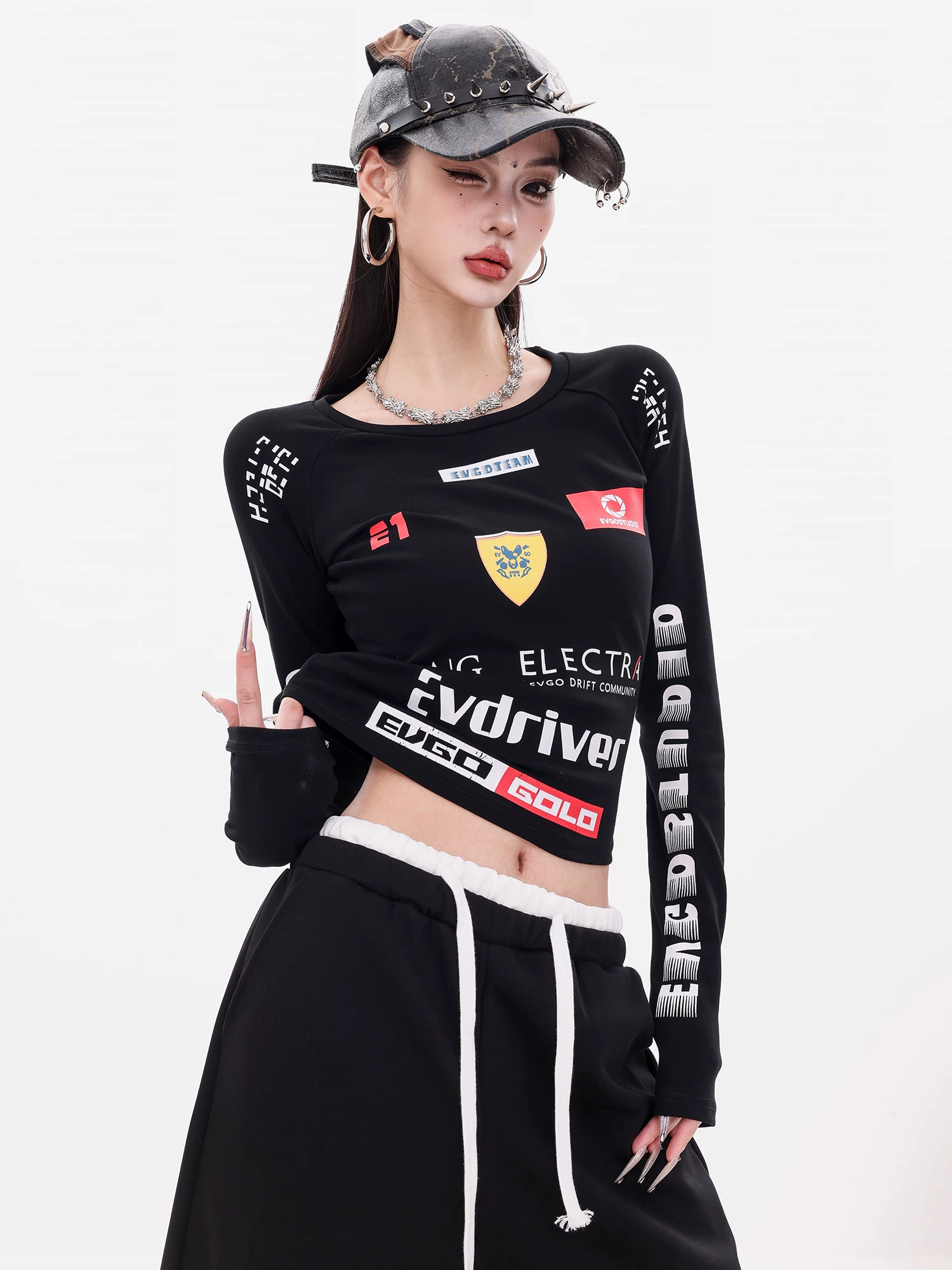 Tuyên bố về Tự do của ABWEAR - Áo thun dài tay in phong cách xe máy Mỹ gốc Phi màu đen nguyên bản Áo sơ mi nữ dáng ôm vừa vặn
