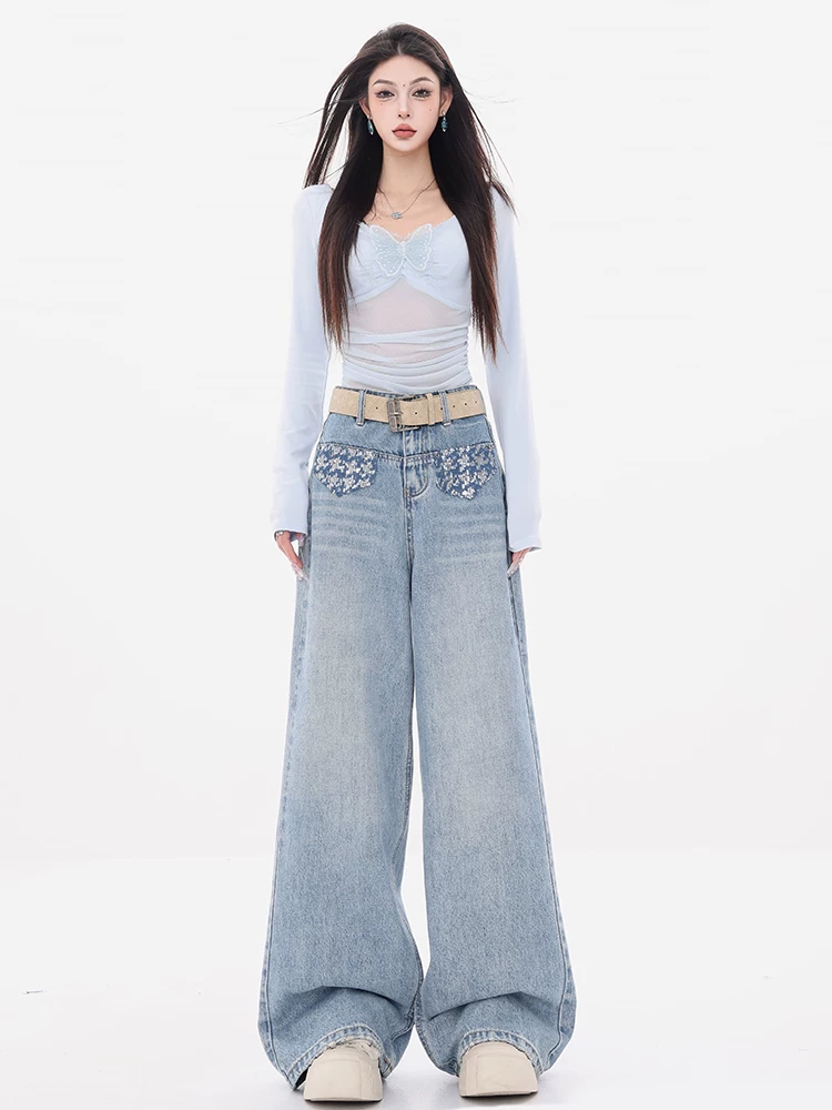Quần Jeans ABWEAR Heart of the Ocean - Dòng Light Spring nguyên bản đính sequin dành cho nữ 2025, kiểu dáng rộng ống thẳng