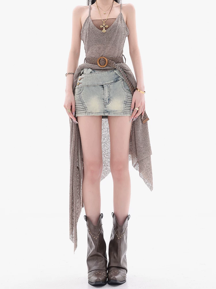 ABWEAR Rhine River-side - Váy ngắn denim phong cách hot girl cổ điển của Mỹ dành cho nữ, váy ngắn ôm hông đa năng