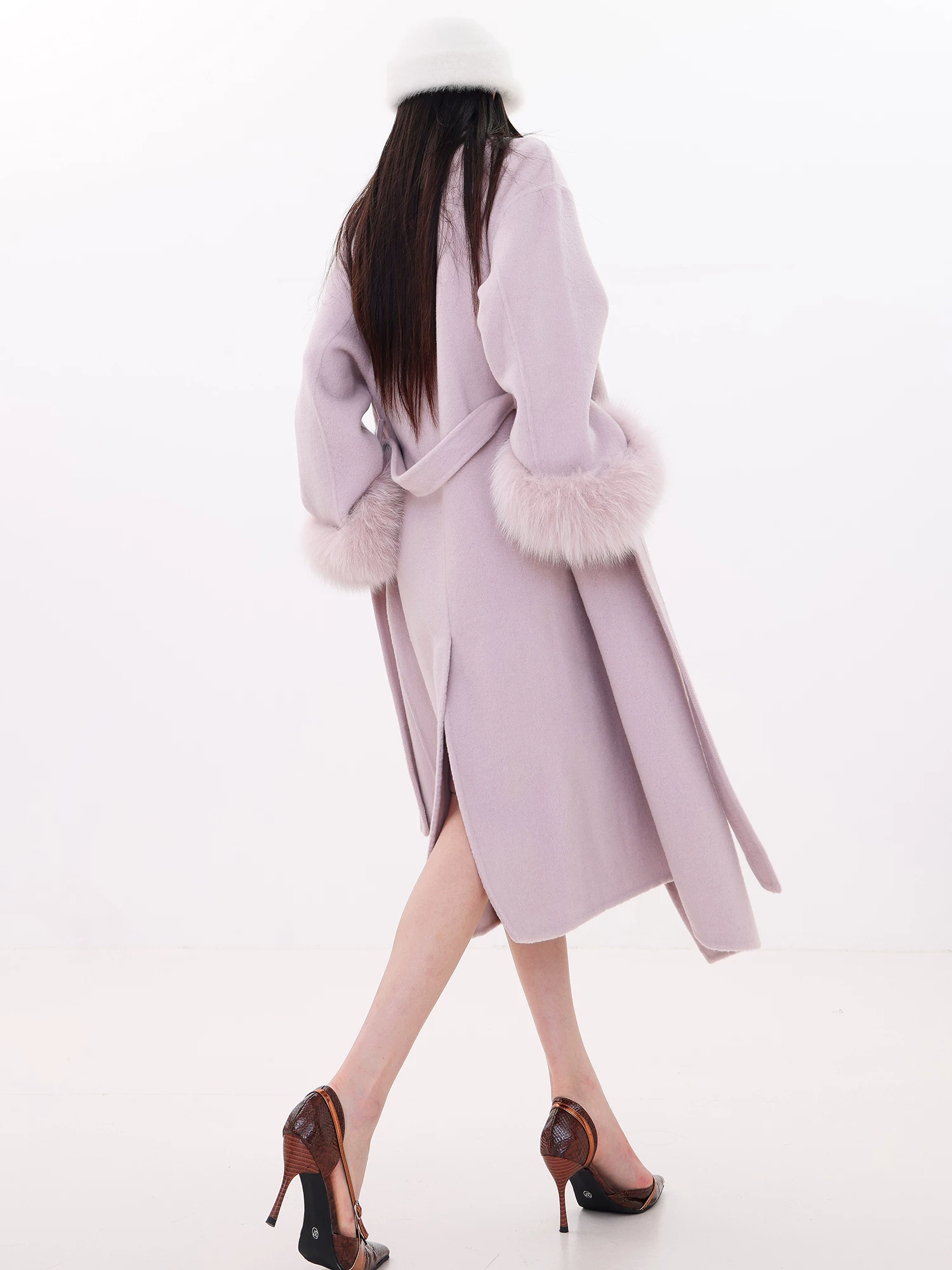 Áo khoác len cashmere lông cáo thật hai lớp ABWLR Winter Love Song - kiểu dáng dài, có ve áo, thắt lưng eo cho nữ