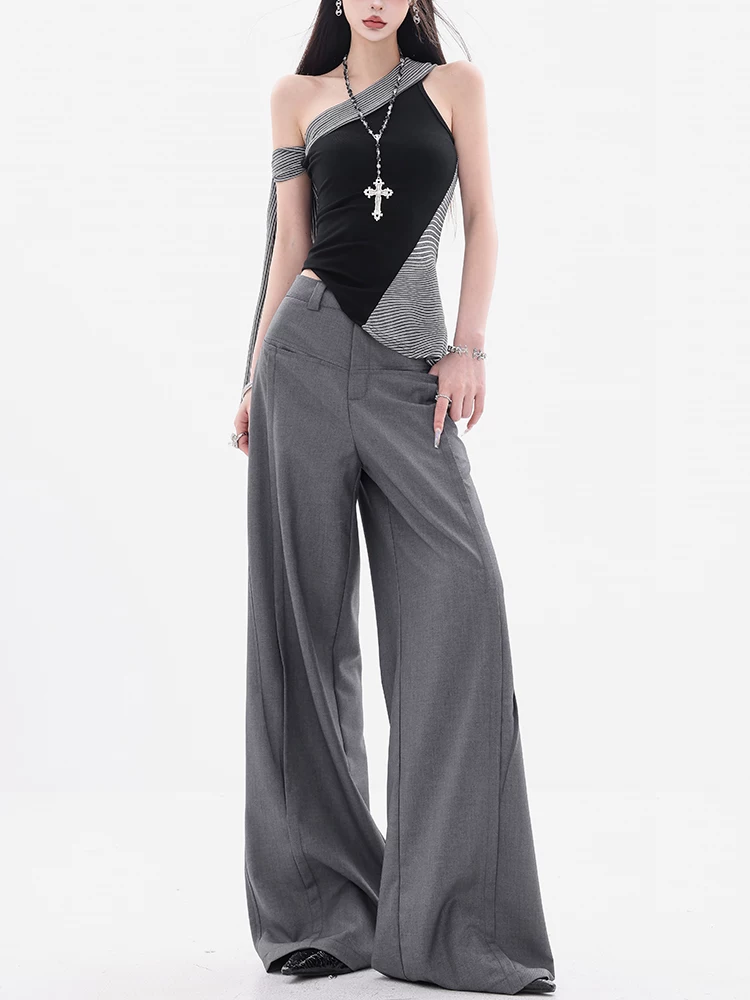 ABWEAR Gaohu Tiancai - Quần vest màu xám thiết kế dáng rộng nguyên bản dành cho nữ, kiểu dáng mỏng mùa hè, quần ống rộng dáng rộng mới