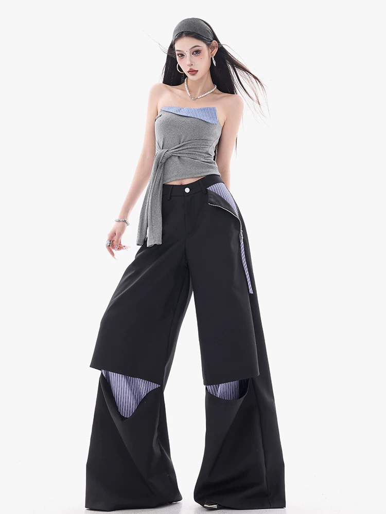 Quần nữ ABWEAR kiểu Hàn Quốc, thiết kế phối vải giả hai lớp, dáng rộng, chất liệu vải mài mòn, kiểu dáng bình thường, màu trà đá muối biển