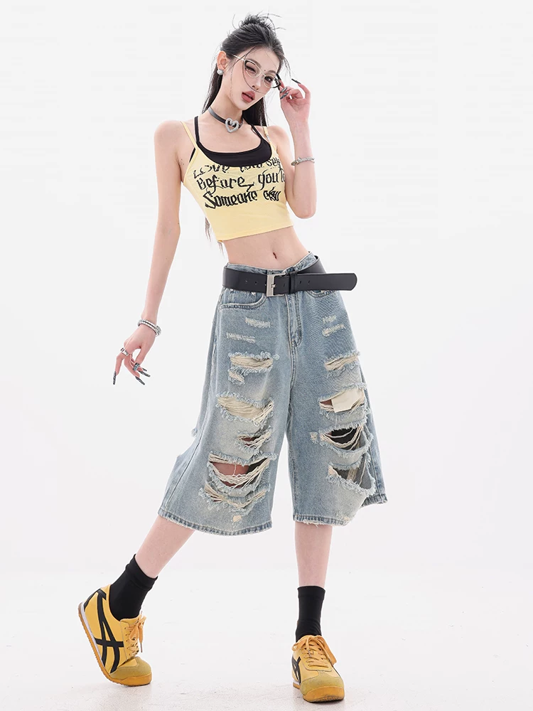 ABWEAR Street Summer - Quần short denim thiết kế theo phong cách đường phố Mỹ nguyên bản dành cho nữ, quần short năm điểm dáng rộng vừa vặn