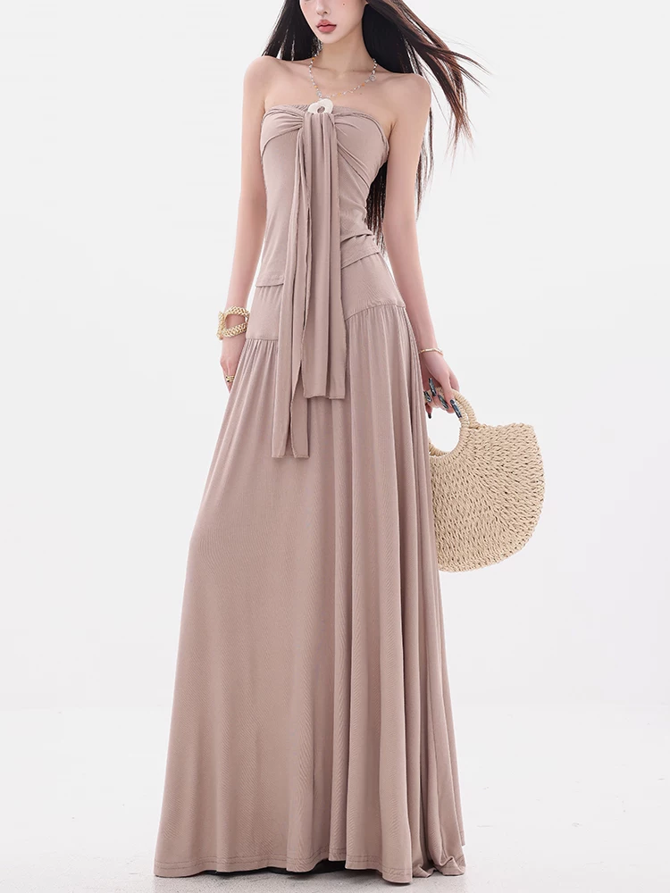 ABWEAR Holiday Chanson - Áo thun dài tay trễ vai phong cách Hàn Quốc nguyên bản với váy xếp nếp Bộ đồ hai mảnh dành cho nữ