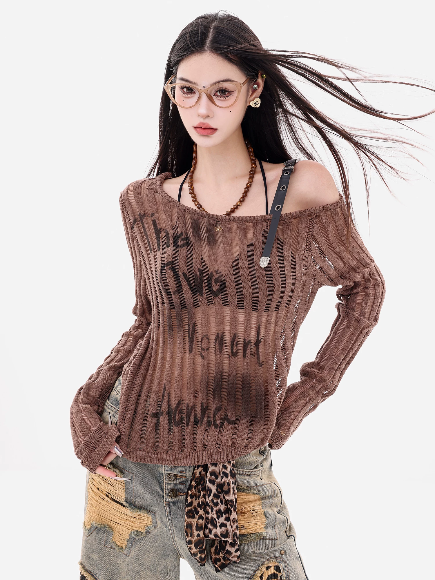 ABWEAR Autumn Messenger - Áo len dệt kim lệch vai kiểu Hàn Quốc nguyên bản dành cho nữ, thiết kế dáng rộng