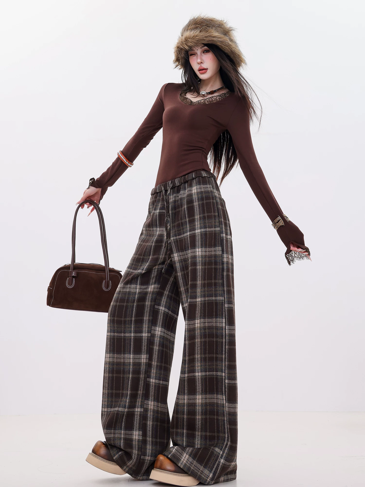 Phong cách mùa đông ABWLR Velvet - Quần ống rộng thông thường có lót lông cừu bằng len kẻ sọc nguyên bản dành cho nữ, Quần ống thẳng rộng mới dành cho mùa thu đông.