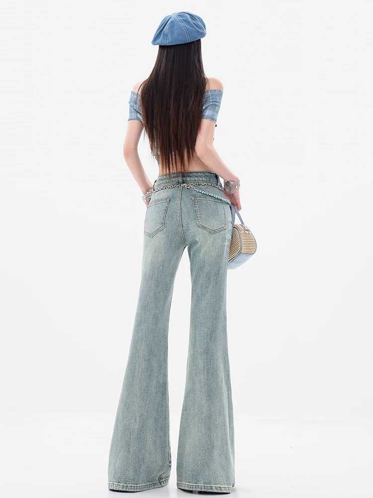 ABWEAR Blues Style - Quần jean ống loe eo thấp nguyên bản dành cho nữ, ôm vừa vặn, quần ống loe đa năng