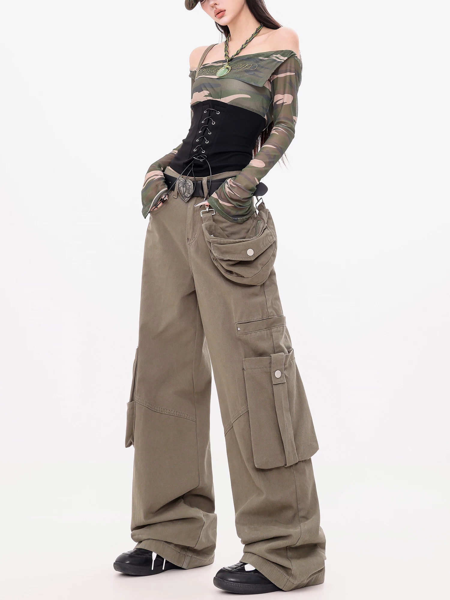 ABWEAR Jazz Pioneer - Quần dài nhiều túi phong cách retro Mỹ nguyên bản dành cho nữ Quần jean ống rộng dáng rộng mùa thu