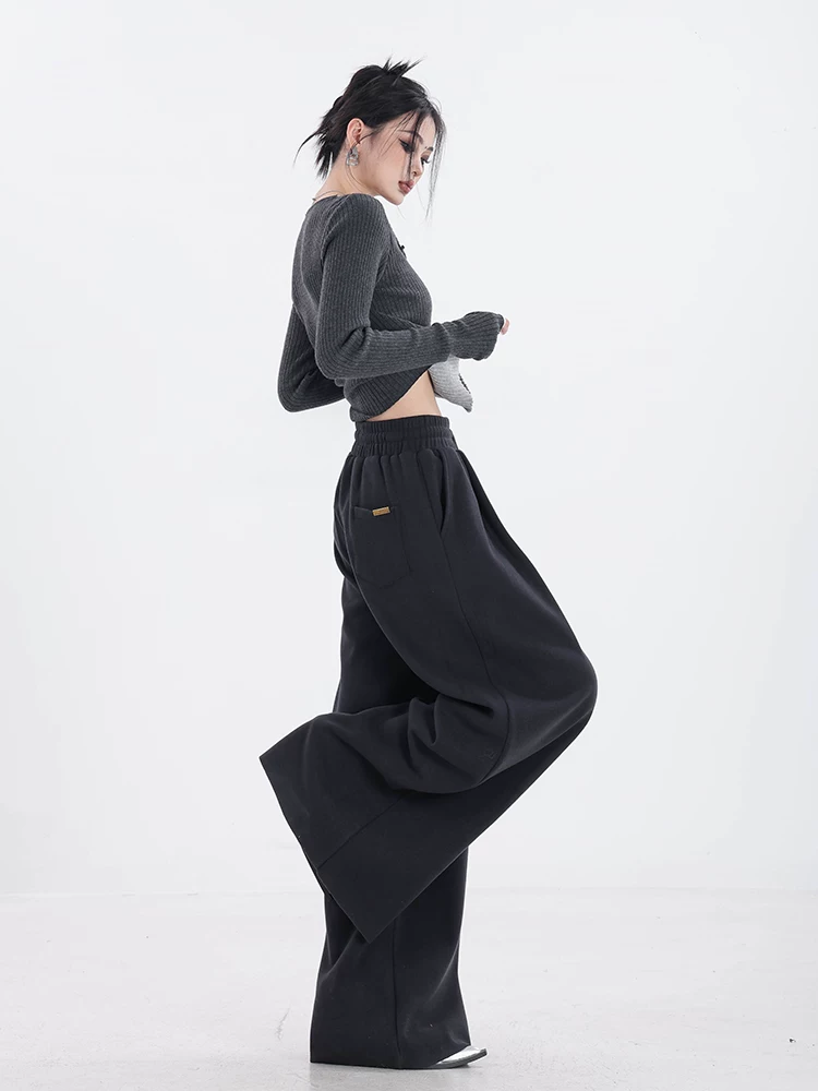 ABWEAR Comfort Guide - Quần ống rộng dày lót lông cừu màu xám nguyên bản dành cho nữ 2023 Phong cách mới dáng rộng ống thẳng