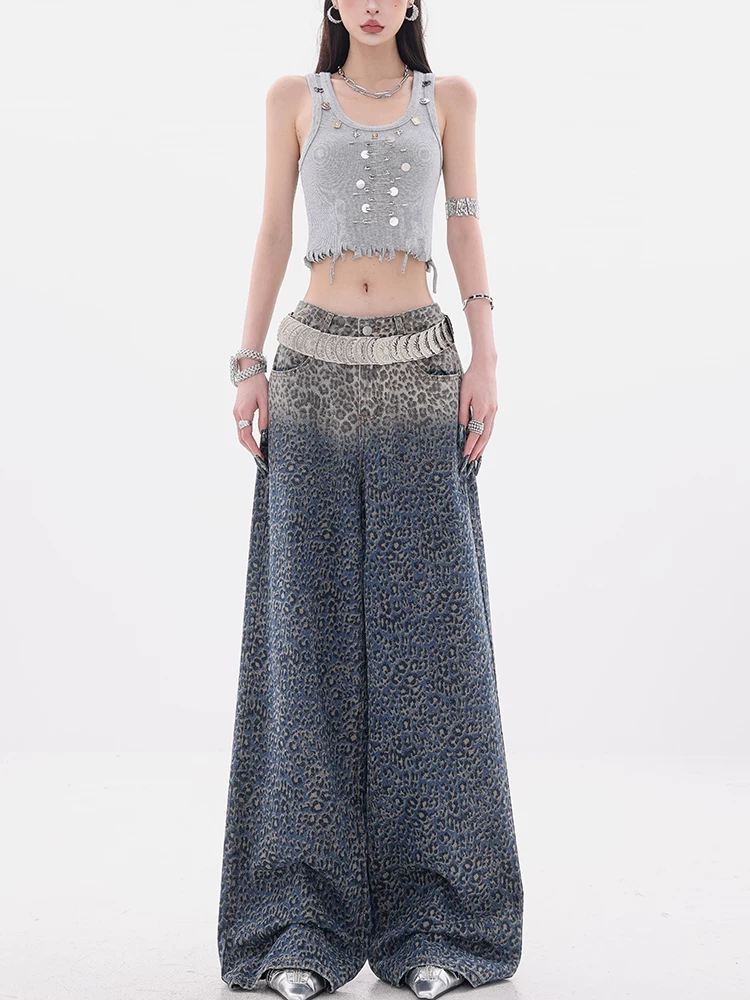ABWEAR Họa Tiết Da Báo Jungle-Original Retro gradient Sequin Quần Jean Họa Tiết Da Báo Nữ Mùa Hè Quần Ống Rộng
