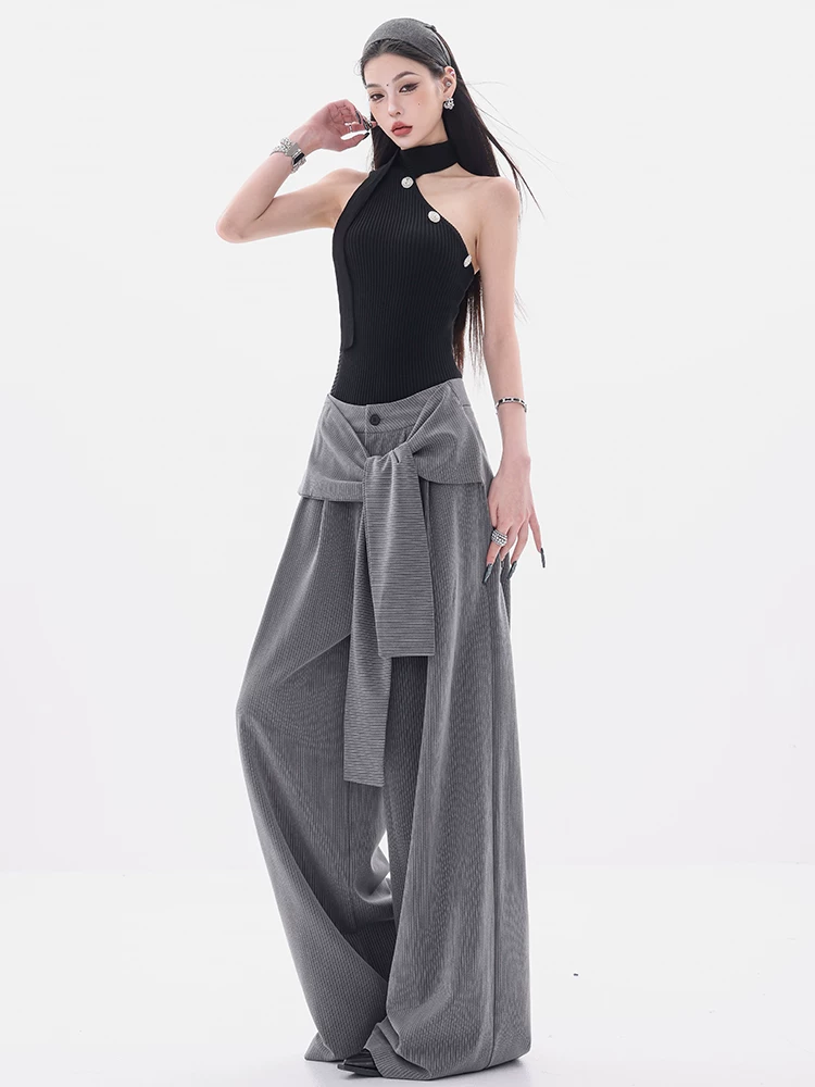 ABWEAR Urban Beauty - Quần thường ngày sọc xám nguyên bản dành cho nữ, thiết kế mùa hè mới, quần ống rộng dáng rộng