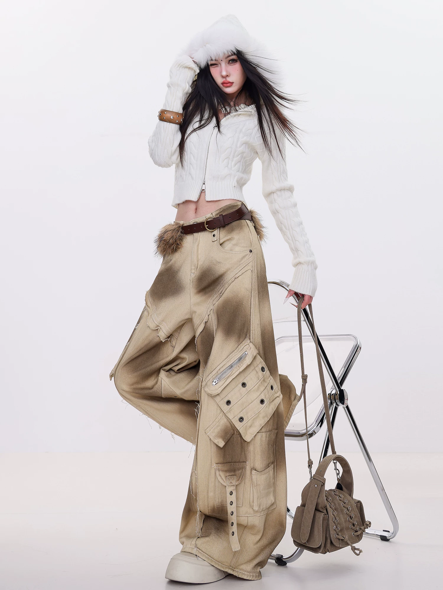 Quần jeans ống rộng kiểu dáng thời trang đường phố Mỹ cổ điển ABWLR dành cho nữ, nhiều túi và dáng rộng