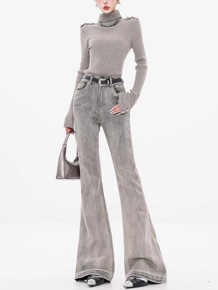 Quần jeans xòe màu xám lót lông cừu ABWEAR Daytime Fantasy dành cho nữ, thu đông 2025, cạp cao, dáng ôm, kiểu chuông