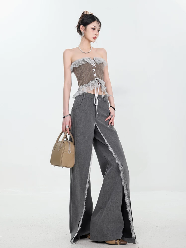 Quần dài thiết kế phối ren màu xám nguyên bản của ABWEAR dành cho nữ, quần ống rộng dáng rộng mùa thu đông