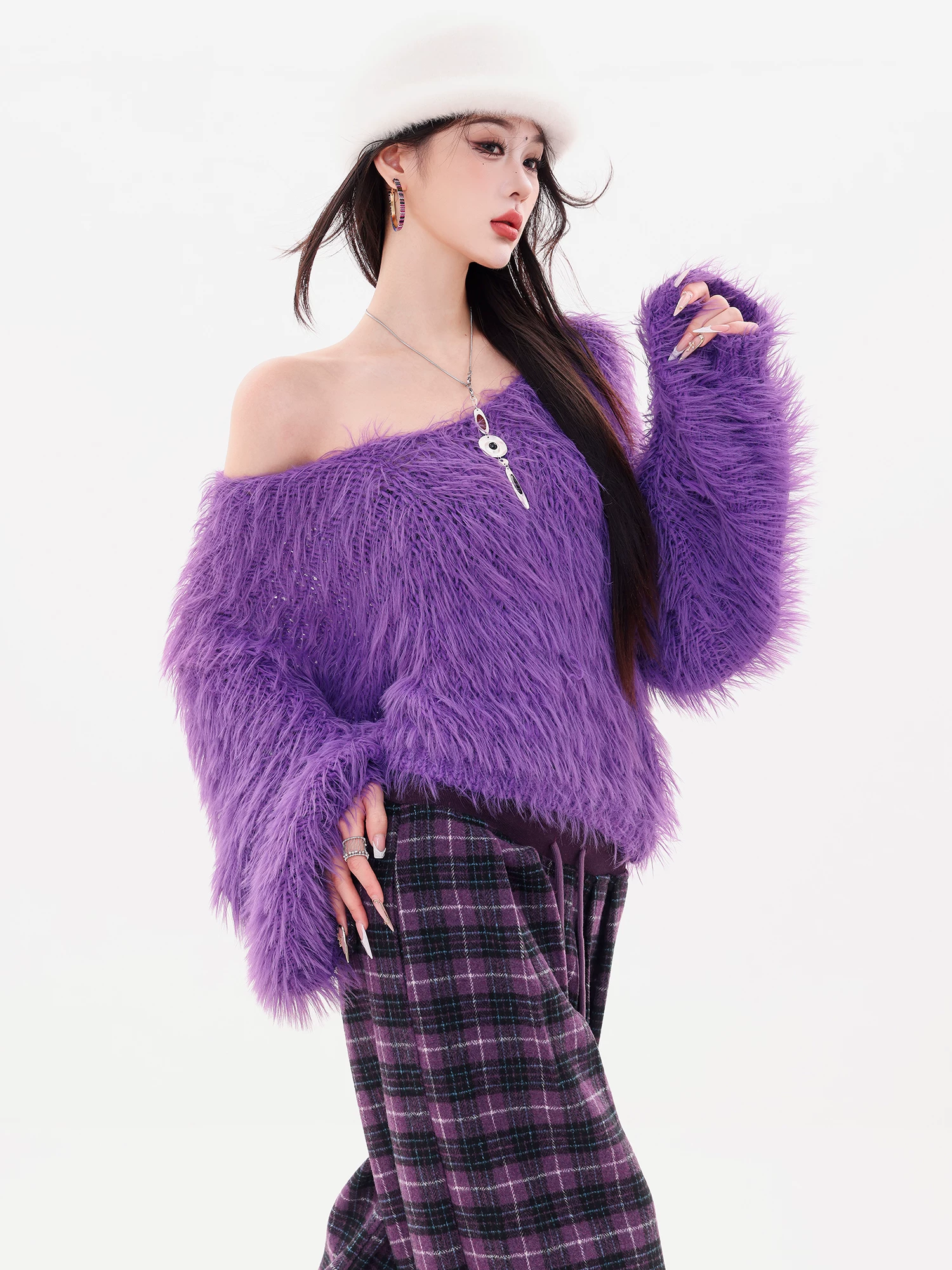 ABWLR Autumn Filter - Áo len dệt kim màu tím nguyên bản dành cho nữ, Áo len ngắn dáng rộng phong cách lười biếng mùa thu đông