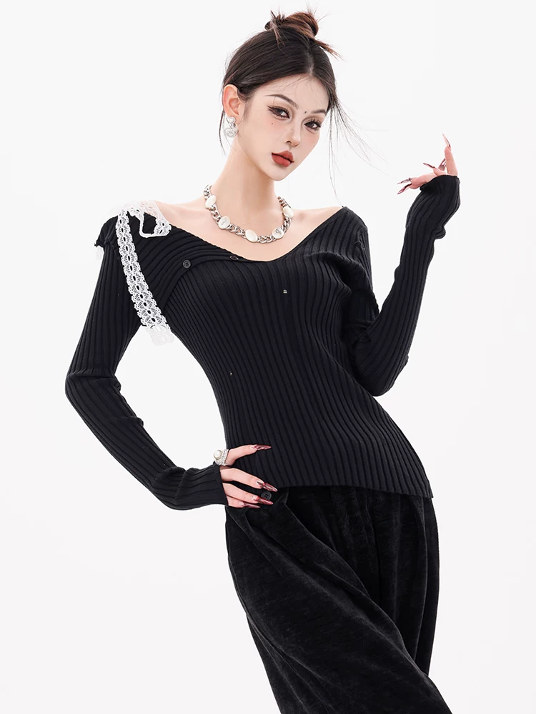 ABWEAR Maple Leaf Love Letter - Áo dệt kim dài tay cổ bẻ lệch vai màu đen nguyên bản dành cho nữ, áo giảm béo mùa thu mới