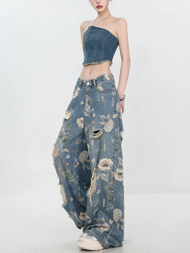 ABWEAR quần jean rách in họa tiết cổ điển kiểu Mỹ mùa hè mới dành cho nữ, quần ống rộng dài đến sàn, dáng rộng