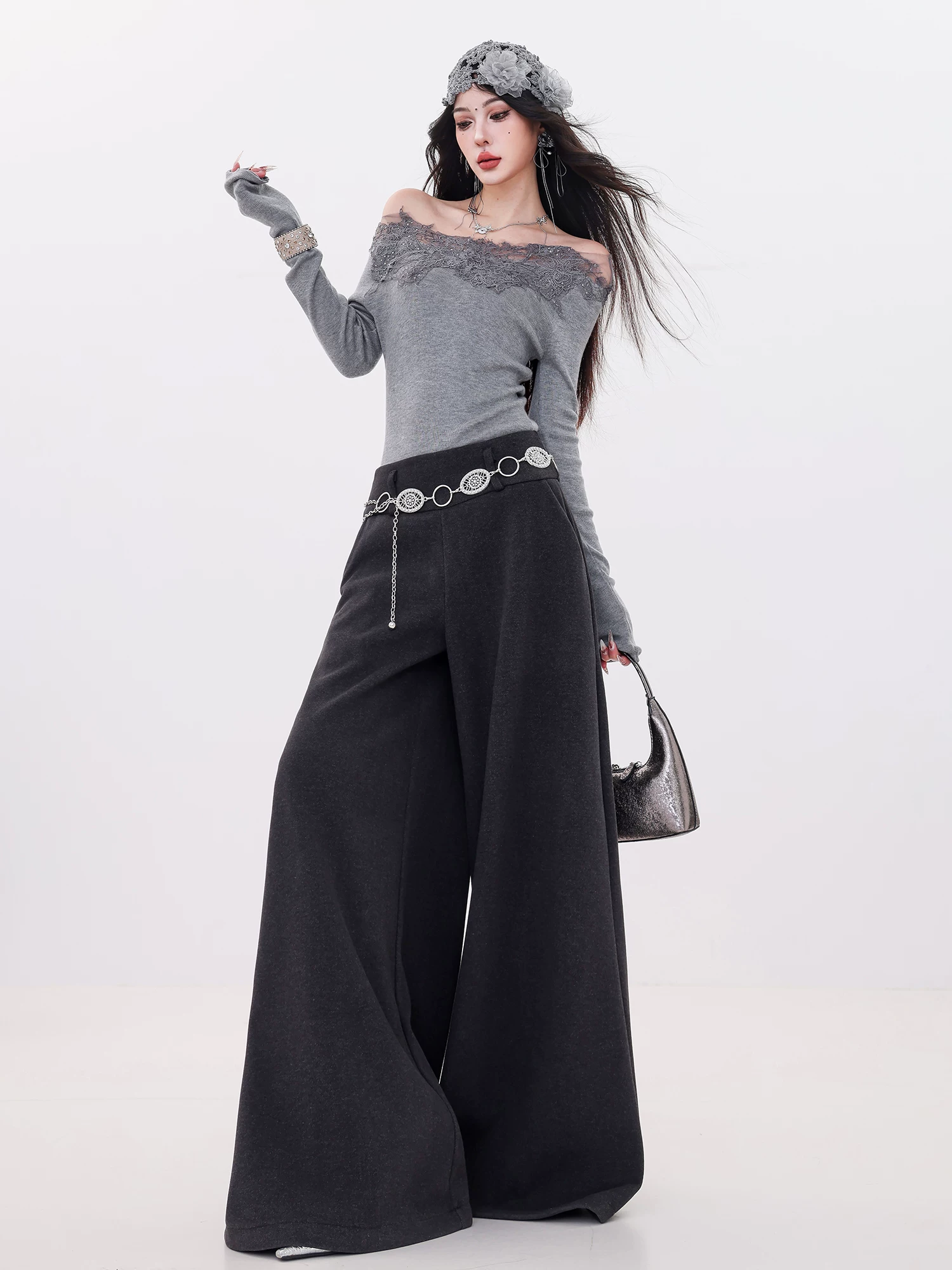 ABWLR Fashionable Advanced Edition - Quần ống rộng dày lót lông cừu nguyên bản dành cho nữ, lưng cao, xếp nếp, dáng rộng, thon gọn, quần dài đến sàn