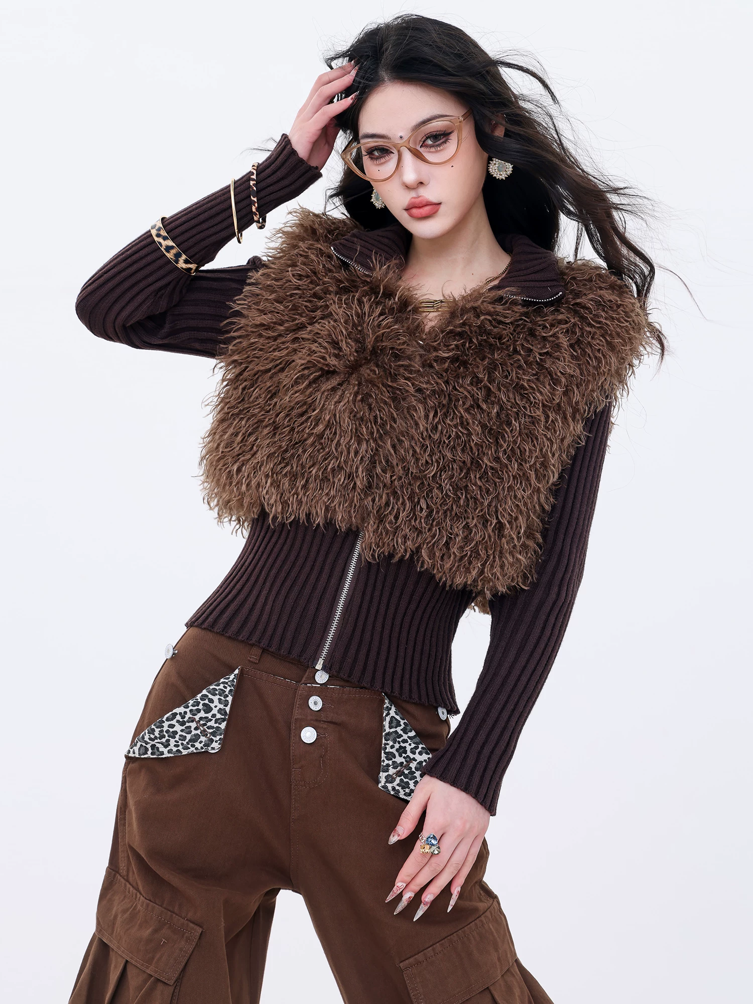 ABWLR Snow Top Mocha - Áo len dệt kim có khóa kéo thiết kế nguyên bản, áo len dệt kim có khóa kéo dành cho nữ, áo khoác len màu nâu