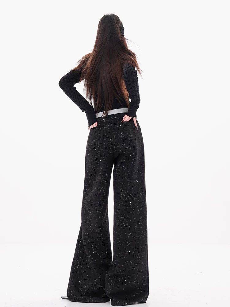 ABWEAR Saint Luo Moonlight-Quần len sequin màu đen nguyên bản dành cho nữ mùa thu đông 2024 Quần ống rộng thẳng