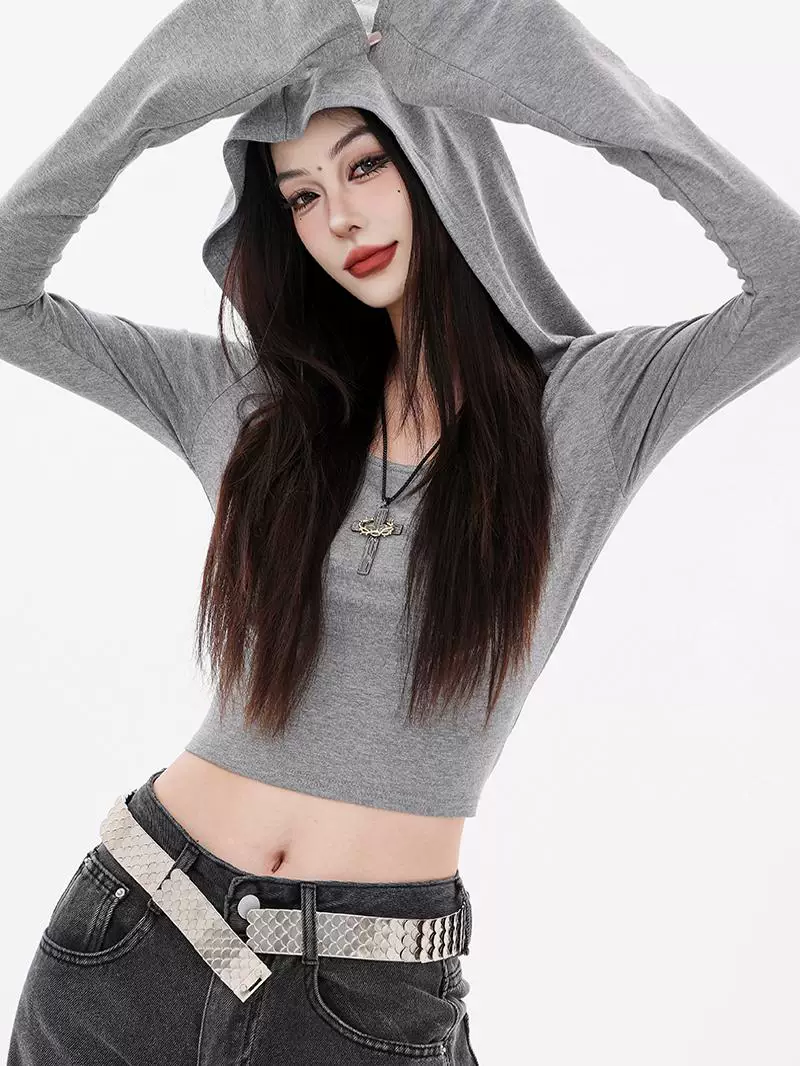 ABWEAR Bard - Áo thun dài tay có mũ trùm đầu màu xám nguyên bản dành cho nữ, áo ngắn dáng ôm mới đầu mùa thu