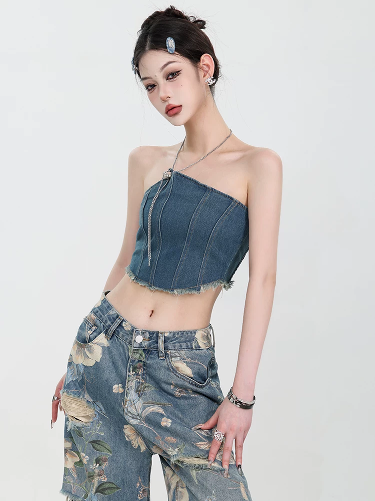 Áo hai dây denim kiểu Mỹ hè 2025 ABWEAR, thiết kế thời trang nữ, áo ngắn