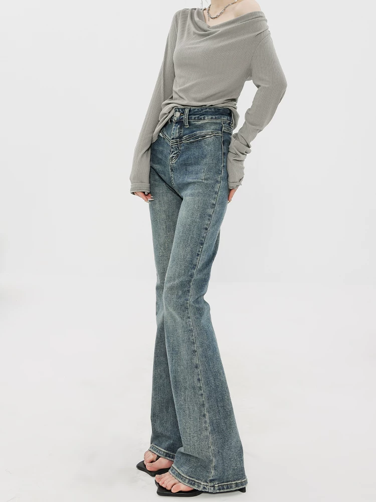 Quần jeans loe ABWEAR dành cho nữ, thu đông 2025, kiểu vintage, cạp cao, ôm dáng, dài, hơi loe.