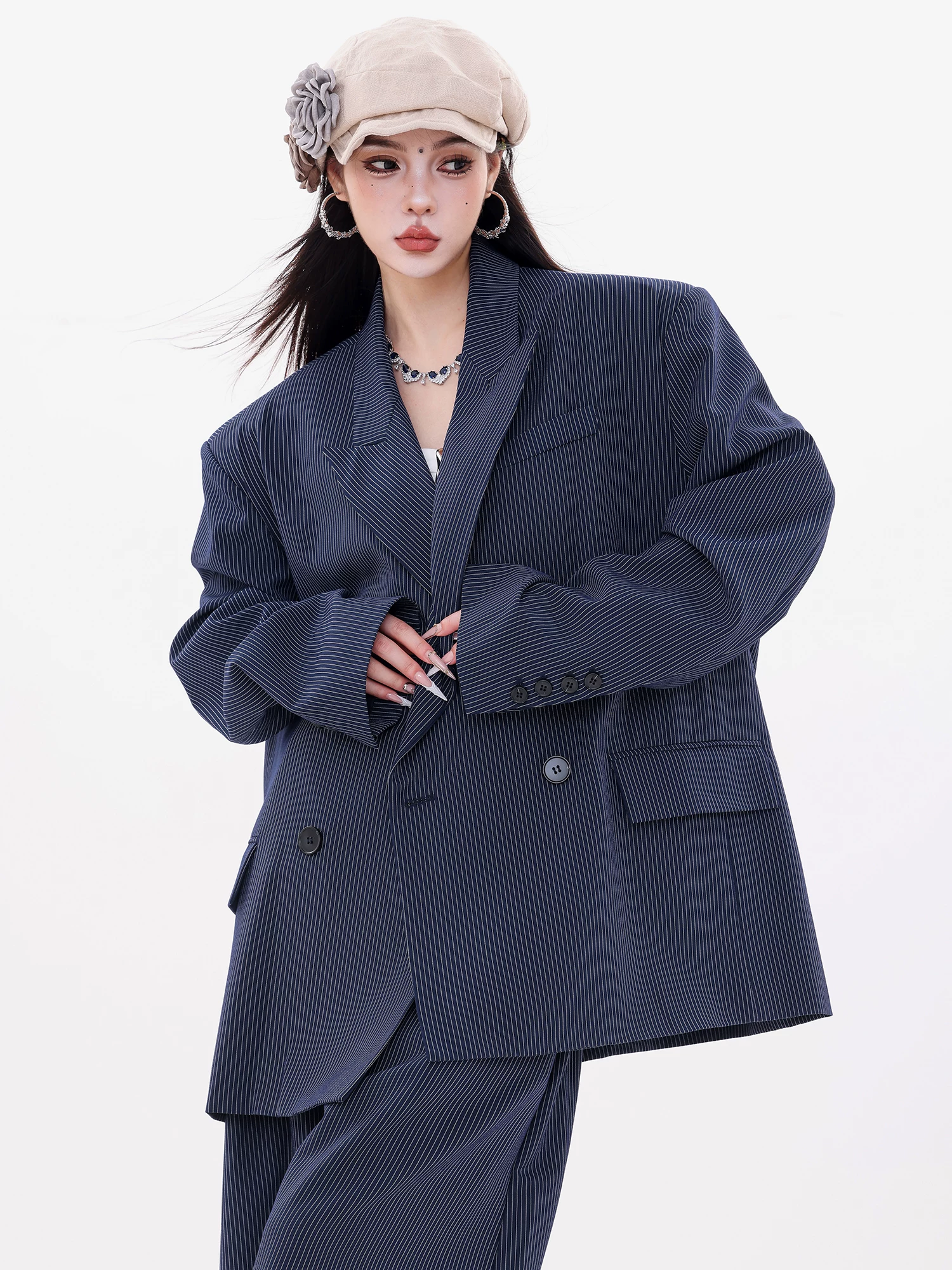 ABWLR Art Editor - Áo khoác blazer sọc nguyên bản dành cho nữ, phong cách mùa thu mới, áo vest đa năng dáng rộng, giản dị