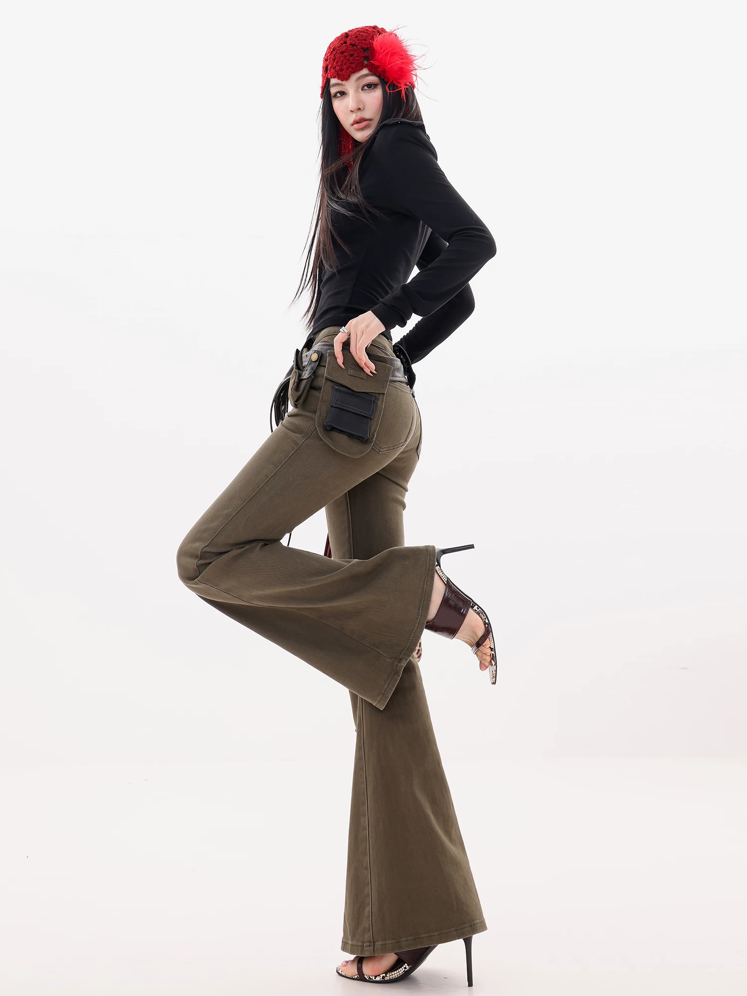ABWLR Rebel Street-Quần jean công sở đinh tán cổ điển phong cách retro dành cho nữ, quần ống loe phong cách thu đông mới