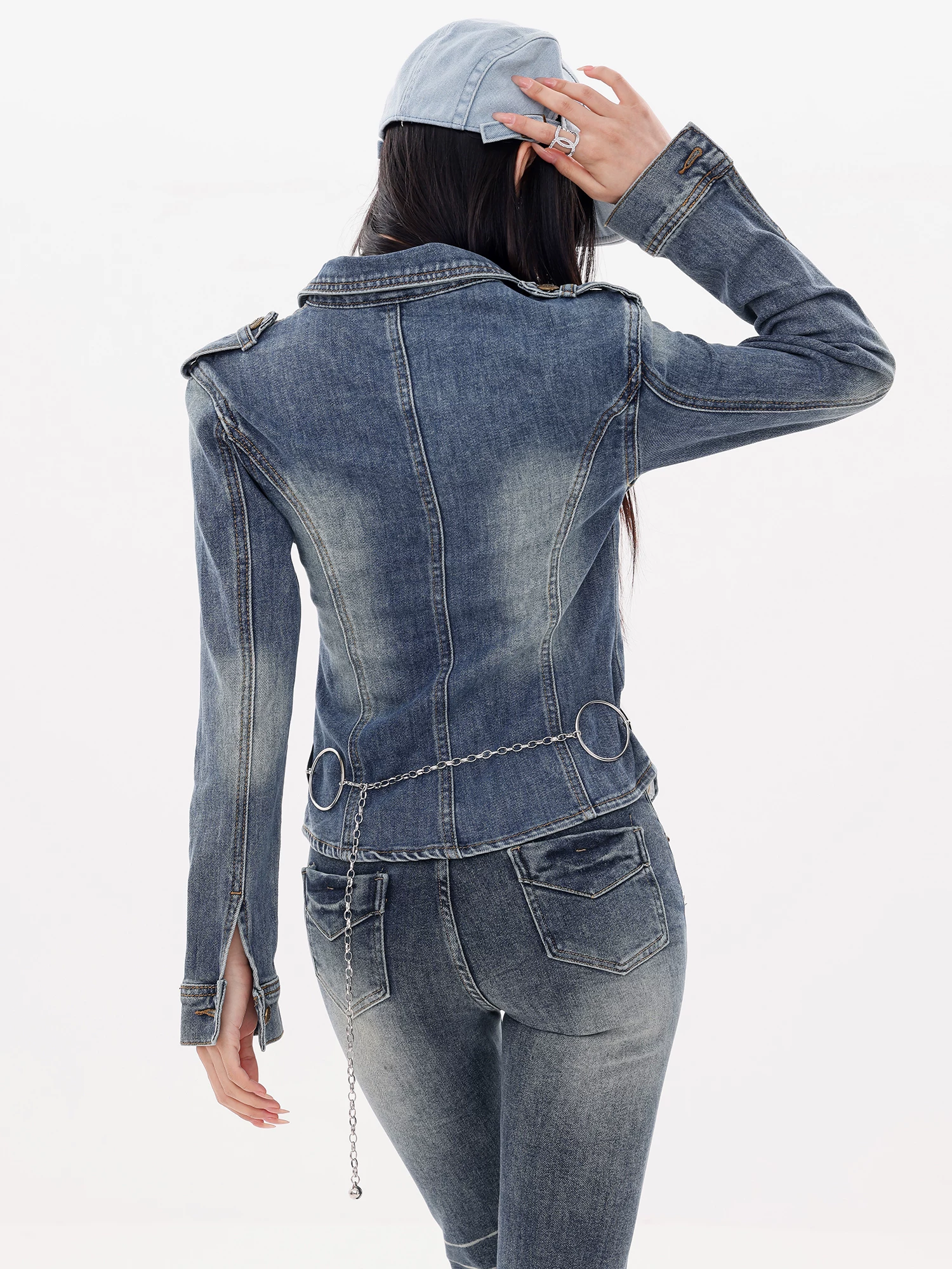 ABWLR Victoria Harbor Memory - Áo khoác denim có ve áo màu xanh nguyên bản dành cho nữ, áo sơ mi ngắn vừa vặn mới dành cho mùa thu đông