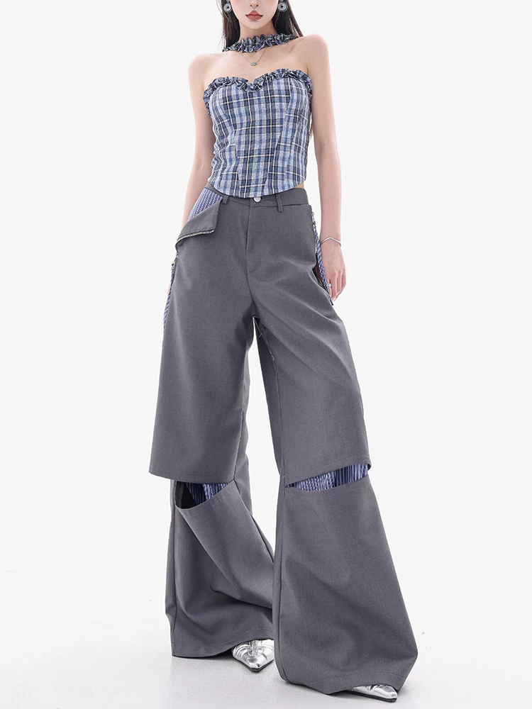 ABWEAR Trà đá muối biển - Quần tây ống rộng giả hai mảnh màu xám thiết kế chắp vá dành cho nữ, dáng rộng ống thẳng