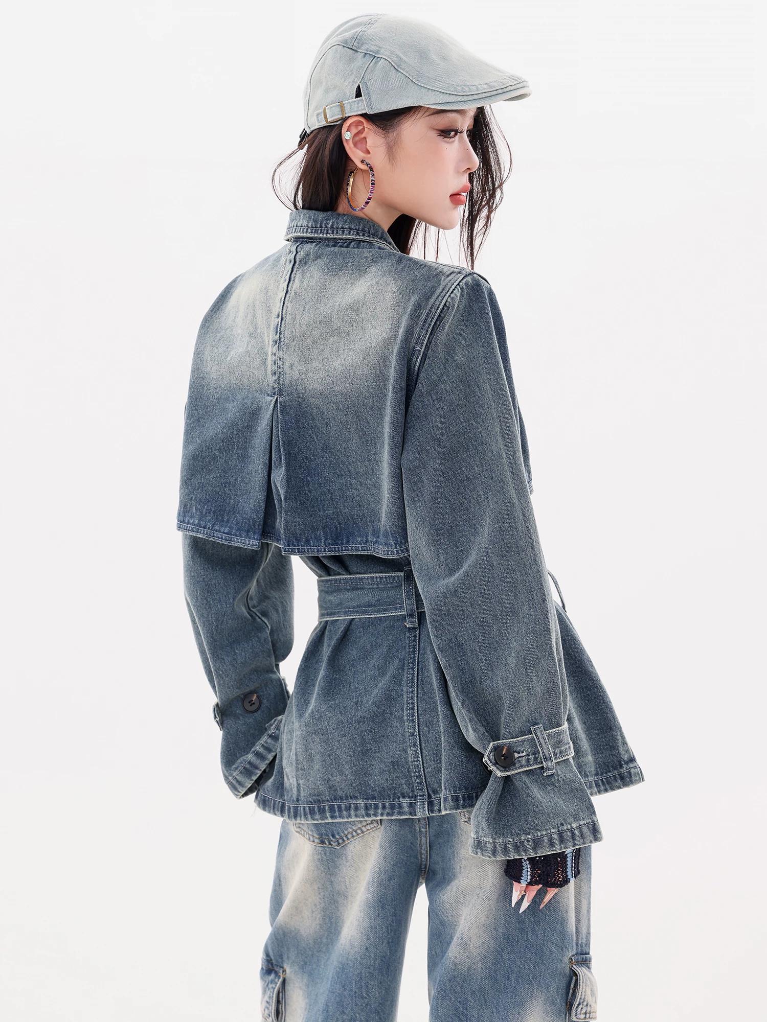 ABWLR Phong cách Anh quốc - Áo khoác denim cài khuy đôi kiểu Anh nguyên bản dành cho nữ, Áo gió thường ngày mùa thu đông mới