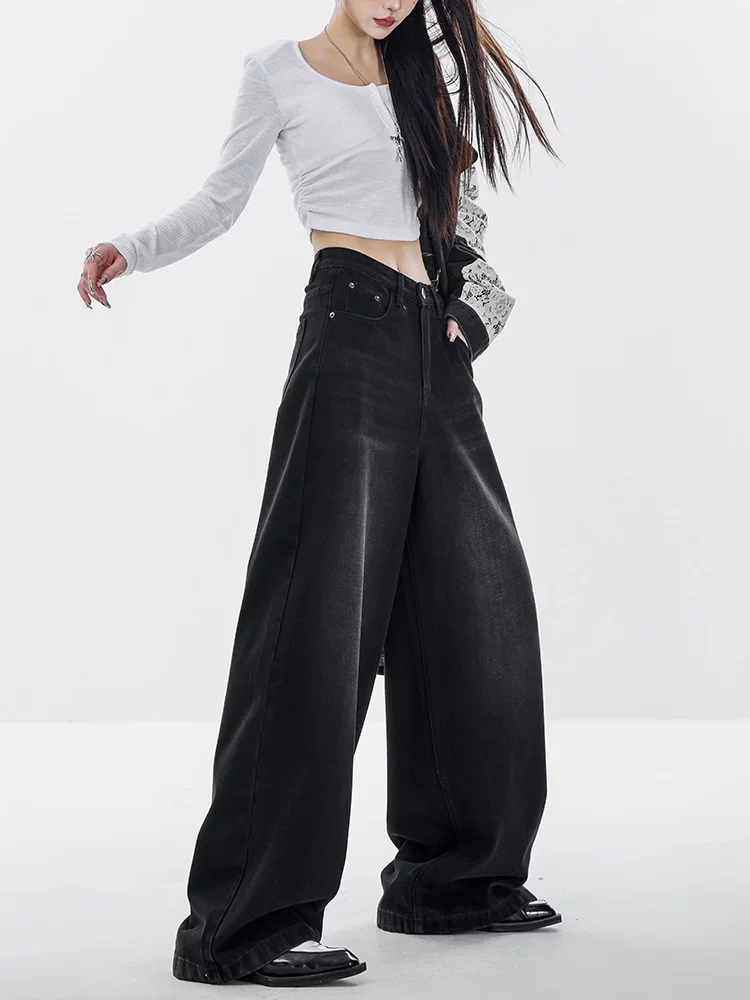 Quần jeans ống rộng màu đen thu đông ABWEAR dành cho nữ 2025, kiểu dáng mới, rộng rãi, dài chấm đất, dáng thẳng