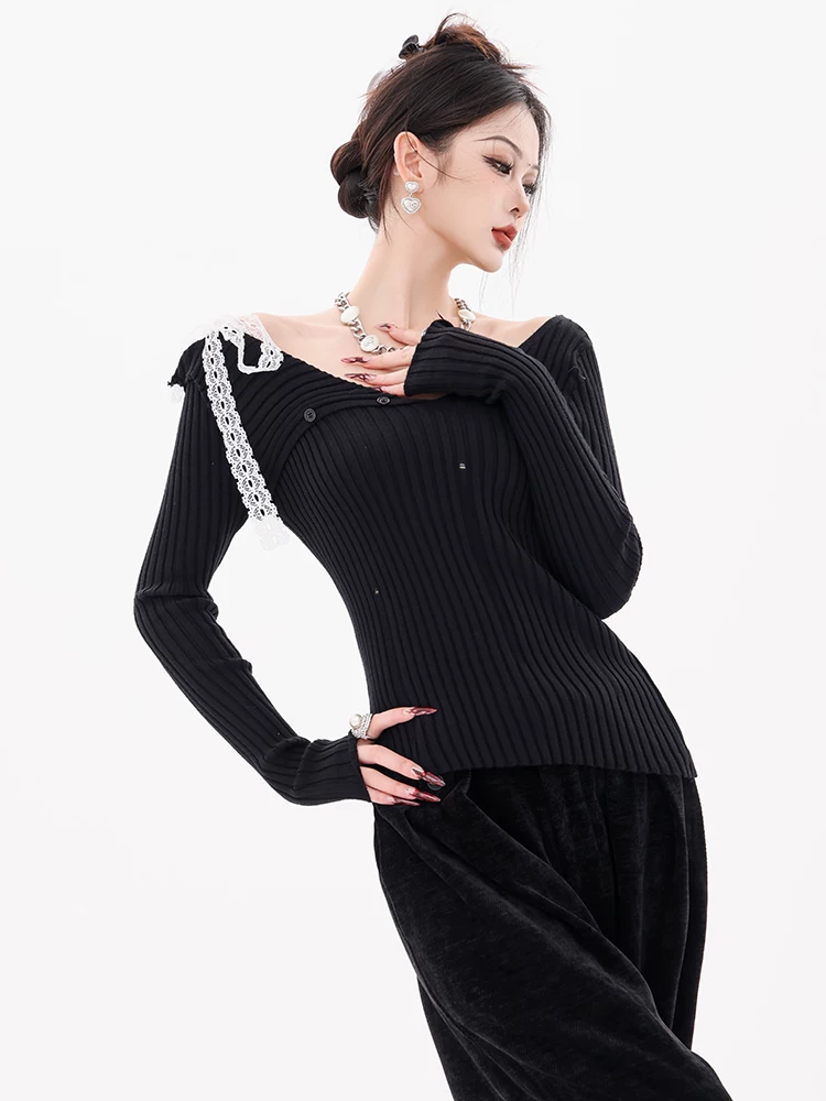 ABWEAR Maple Leaf Love Letter - Áo dệt kim dài tay cổ bẻ lệch vai màu đen nguyên bản dành cho nữ, áo giảm béo mùa thu mới