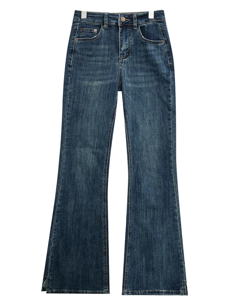 Quần jeans bootcut màu xanh đậm cổ điển ABWEAR dành cho nữ, thu đông 2025, kiểu dáng ôm sát, lót lông cừu, ống loe kiểu móng ngựa