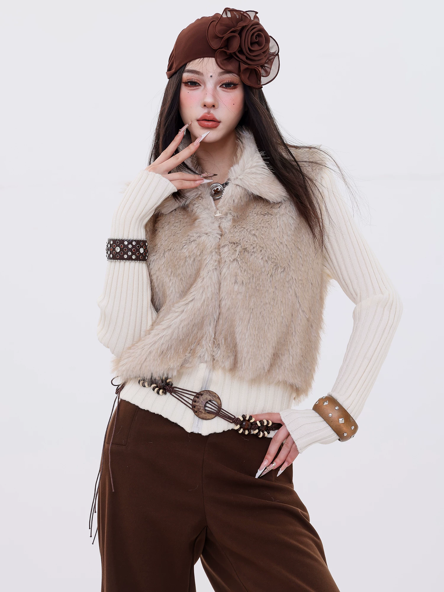 ABWLR Huaguailaoqian - Áo len dệt kim hai mảnh giả lông thú phong cách Hàn Quốc nguyên bản dành cho nữ, áo khoác dài tay ôm sát mùa thu đông