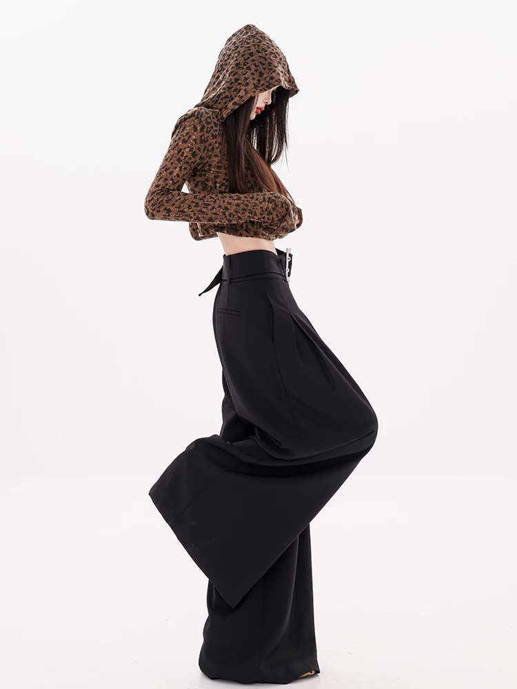 ABWEAR Modern Special Edition - Quần tây xếp ly có thắt lưng màu đen nguyên bản đầu thu dành cho nữ Quần ống rộng dáng rộng thường ngày