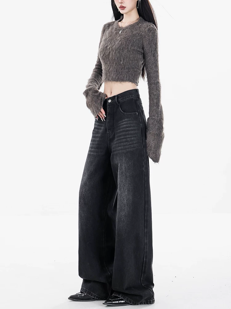 Quần jean màu xám cổ điển của Mỹ ABWEAR dành cho nữ 2023 quần ống rộng dáng rộng lưng cao mới
