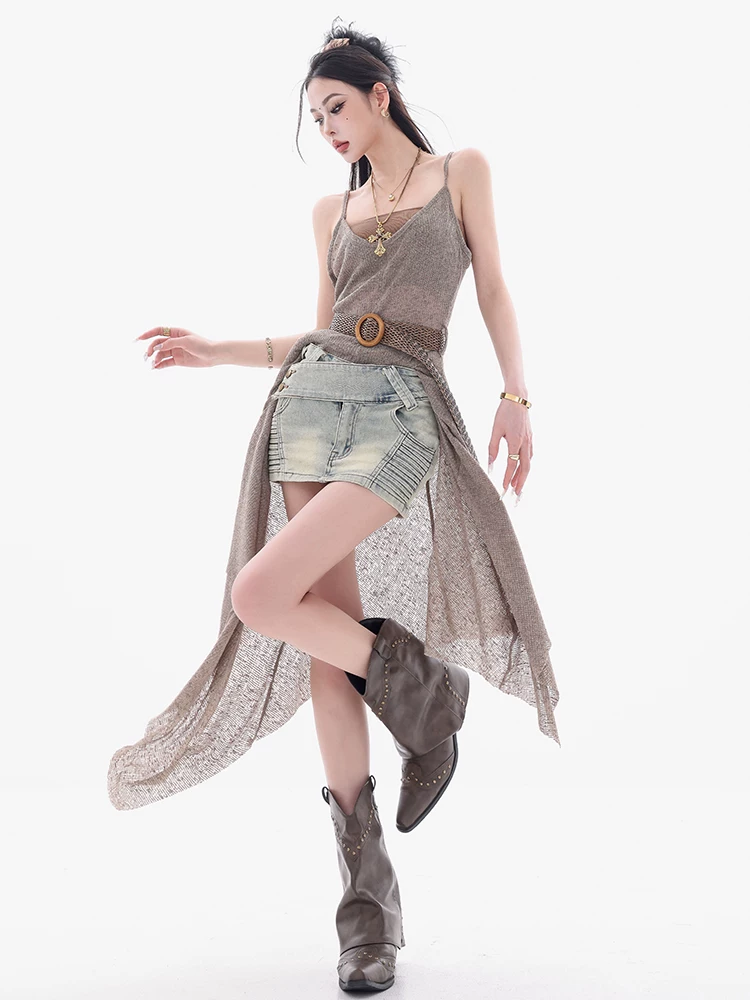 ABWEAR Rhine River-side - Váy ngắn denim phong cách hot girl cổ điển của Mỹ dành cho nữ, váy ngắn ôm hông đa năng