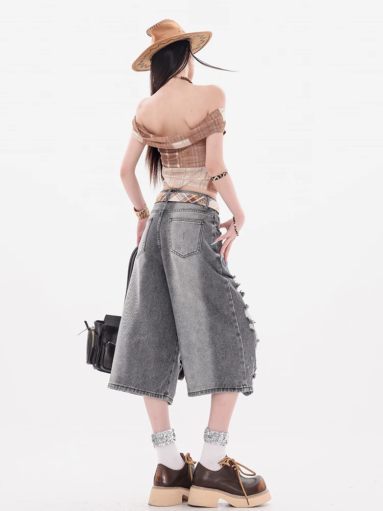 Dự án chụp ảnh đường phố ABWEAR - Quần short denim cũ màu xám tro nguyên bản dành cho nữ, thiết kế rộng rãi, quần dài vừa phải