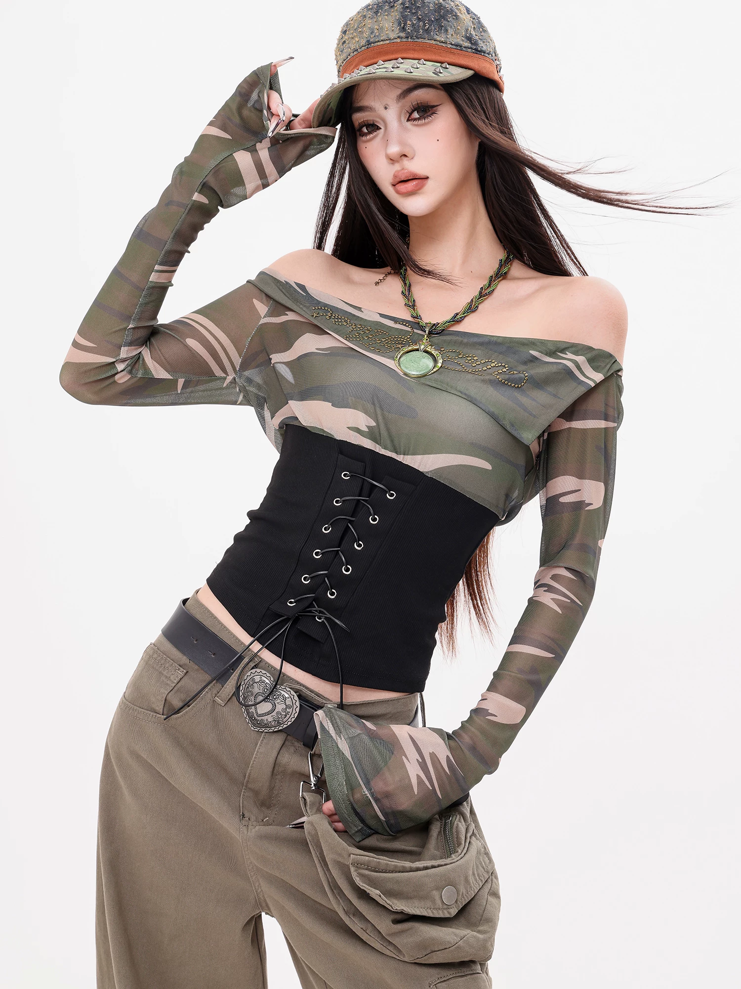 ABWEAR Vintage Archives - Áo thun dài tay lệch vai phối lưới nguyên bản dành cho nữ Slim Fit ngụy trang hàng đầu