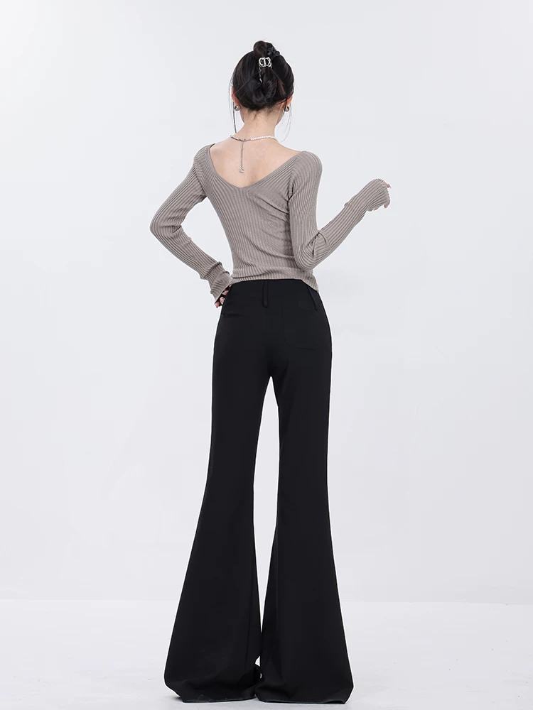 Quần ống loe siêu nhỏ màu đen của ABWEAR dành cho nữ, quần dài dáng suông cạp cao mới mùa thu đông, bộ đồ thường ngày dài đến sàn