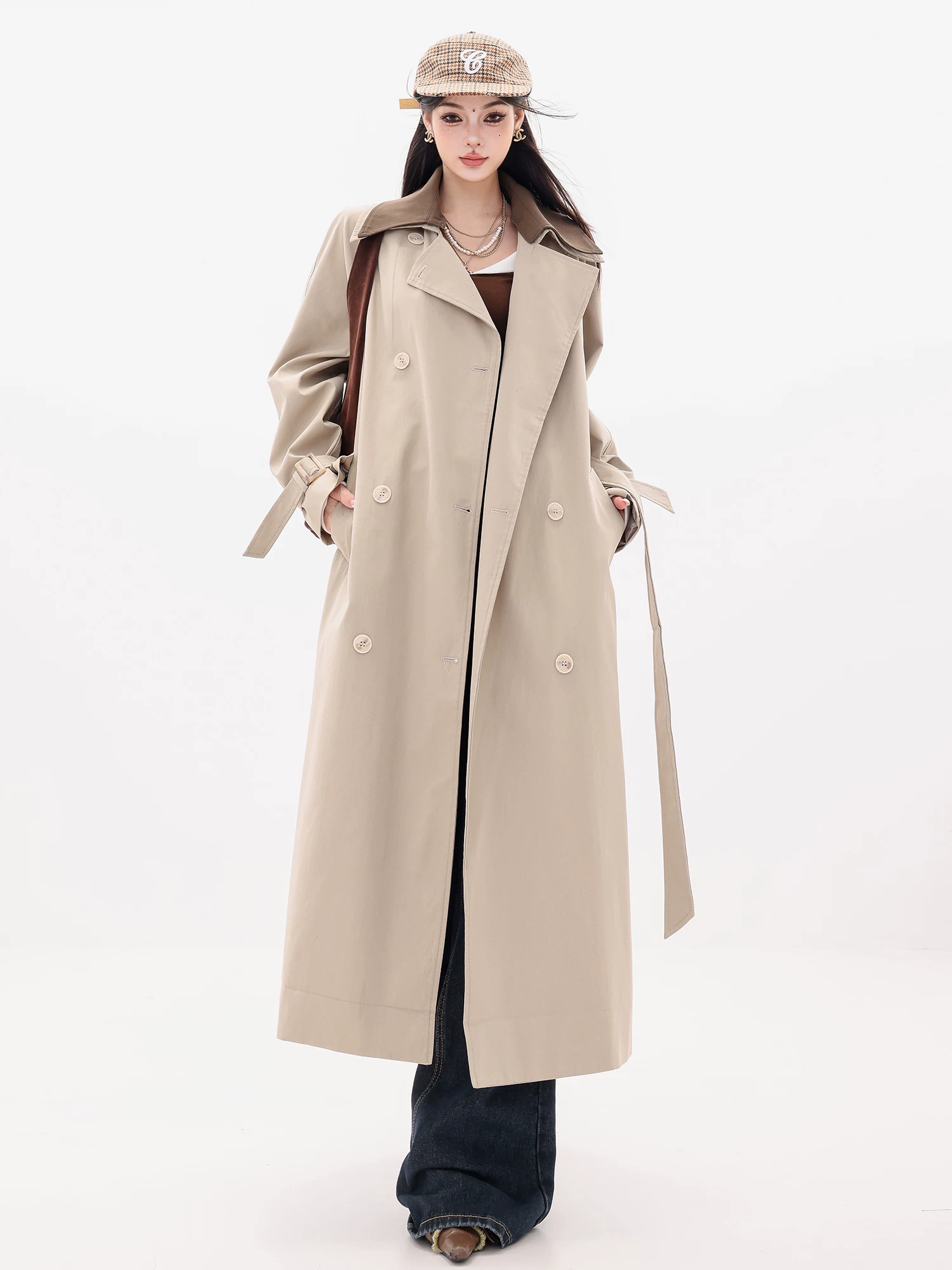 ABWLR Rose Appointment - Áo khoác dài màu kaki nguyên bản dành cho nữ, áo khoác dài dáng rộng mới có dây thắt lưng cho mùa thu